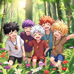 In a vibrant forest, five playful anime-style brothers, all eight years old, are joyfully playing together
