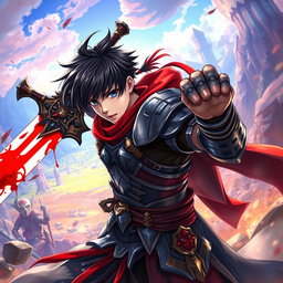 An anime-style warrior character inspired by Metin2, wielding a large sword with striking blood effects on its blade