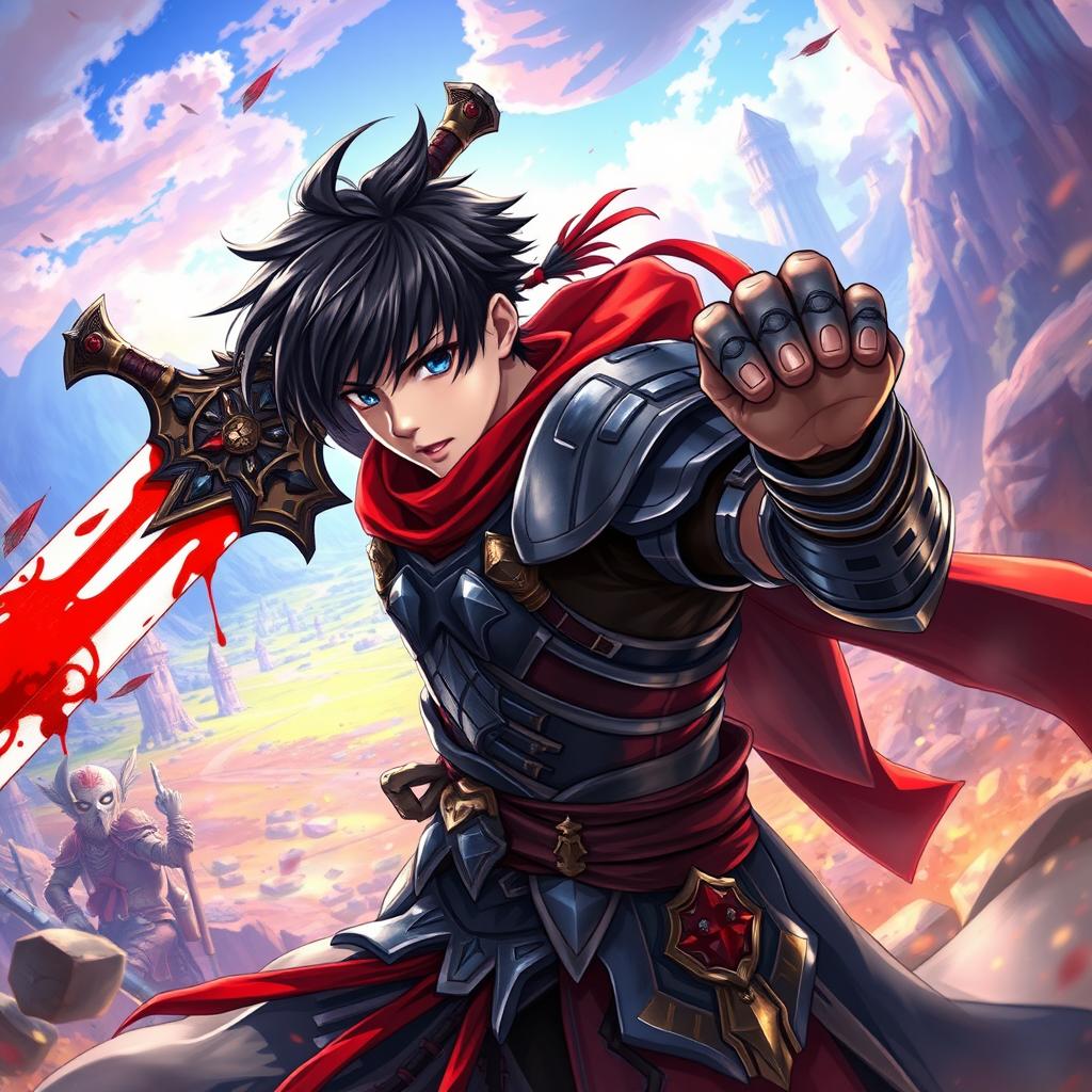 An anime-style warrior character inspired by Metin2, wielding a large sword with striking blood effects on its blade