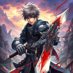 An anime-style warrior character inspired by Metin2, wielding a large sword with striking blood effects on its blade