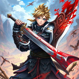 An anime-style warrior character inspired by Metin2, wielding a large sword with striking blood effects on its blade