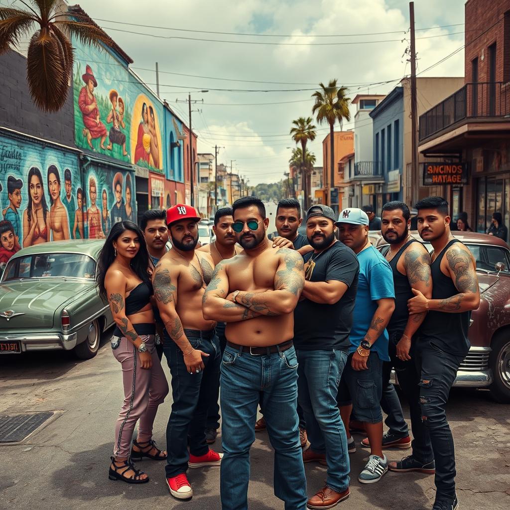 A dramatic scene set in an urban environment, showcasing a group of individuals, representing Mexican gangs, gathered in a lively neighborhood