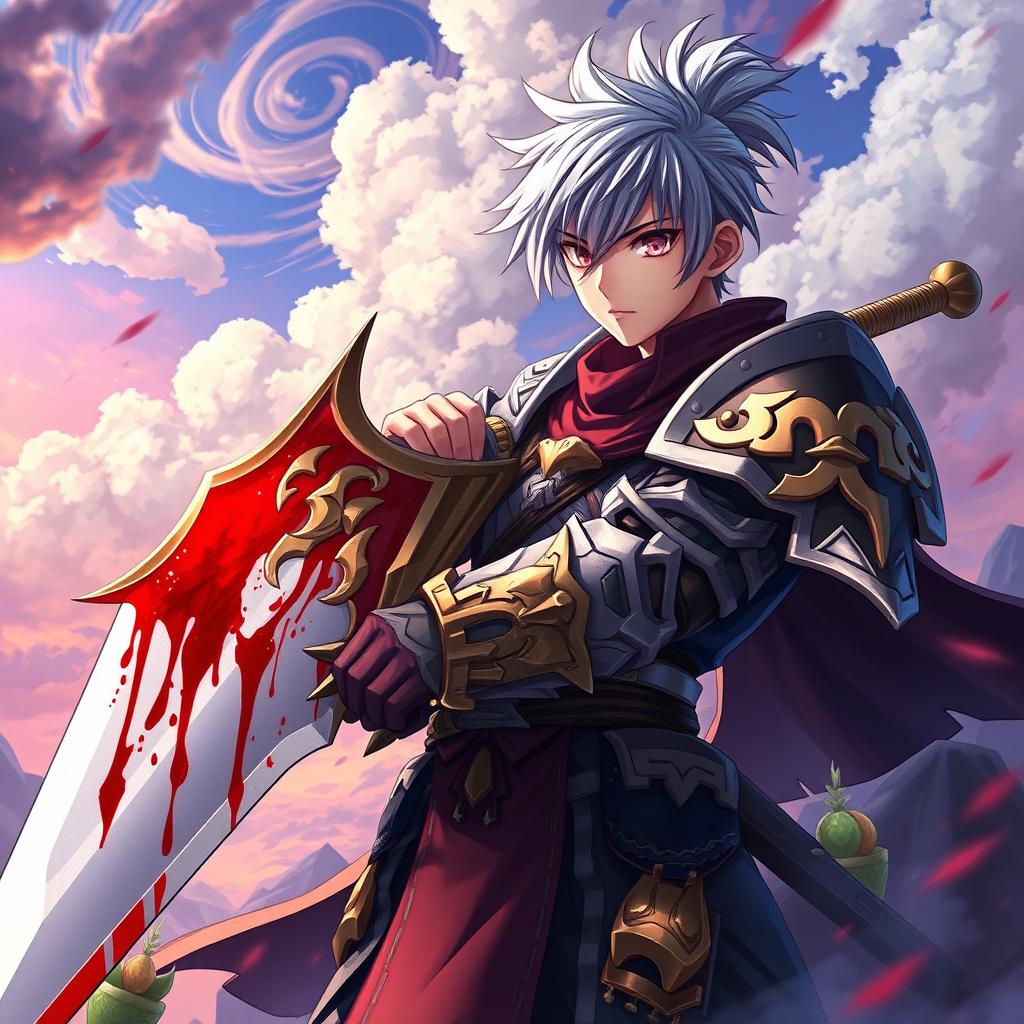 An anime-style warrior character inspired by Metin2, holding a large sword with striking beautiful blood details on its blade
