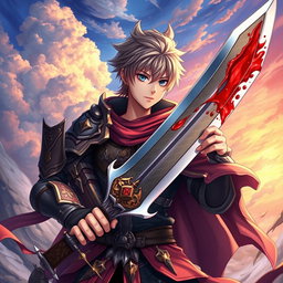 An anime-style warrior character inspired by Metin2, holding a large sword with striking beautiful blood details on its blade