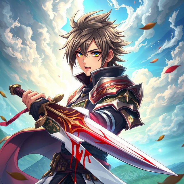 An anime-style warrior character inspired by Metin2, holding a large sword with striking beautiful blood details on its blade