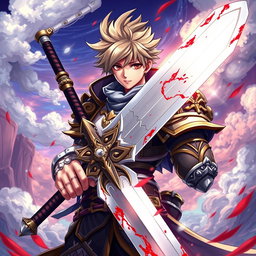 An anime-style warrior character inspired by Metin2, holding a large sword with striking beautiful blood details on its blade