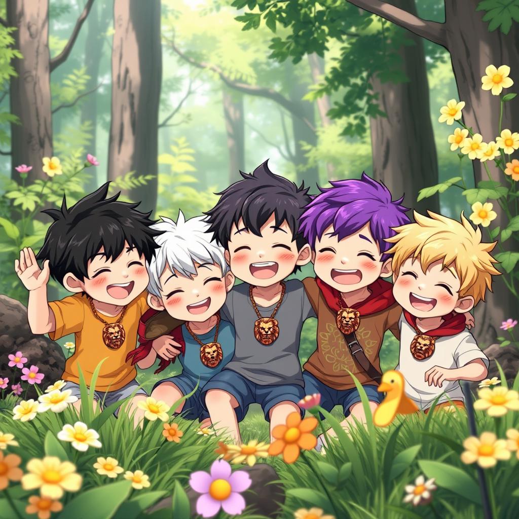 In a charming anime-style forest scene, five playful brothers, all eight years old, are having fun together