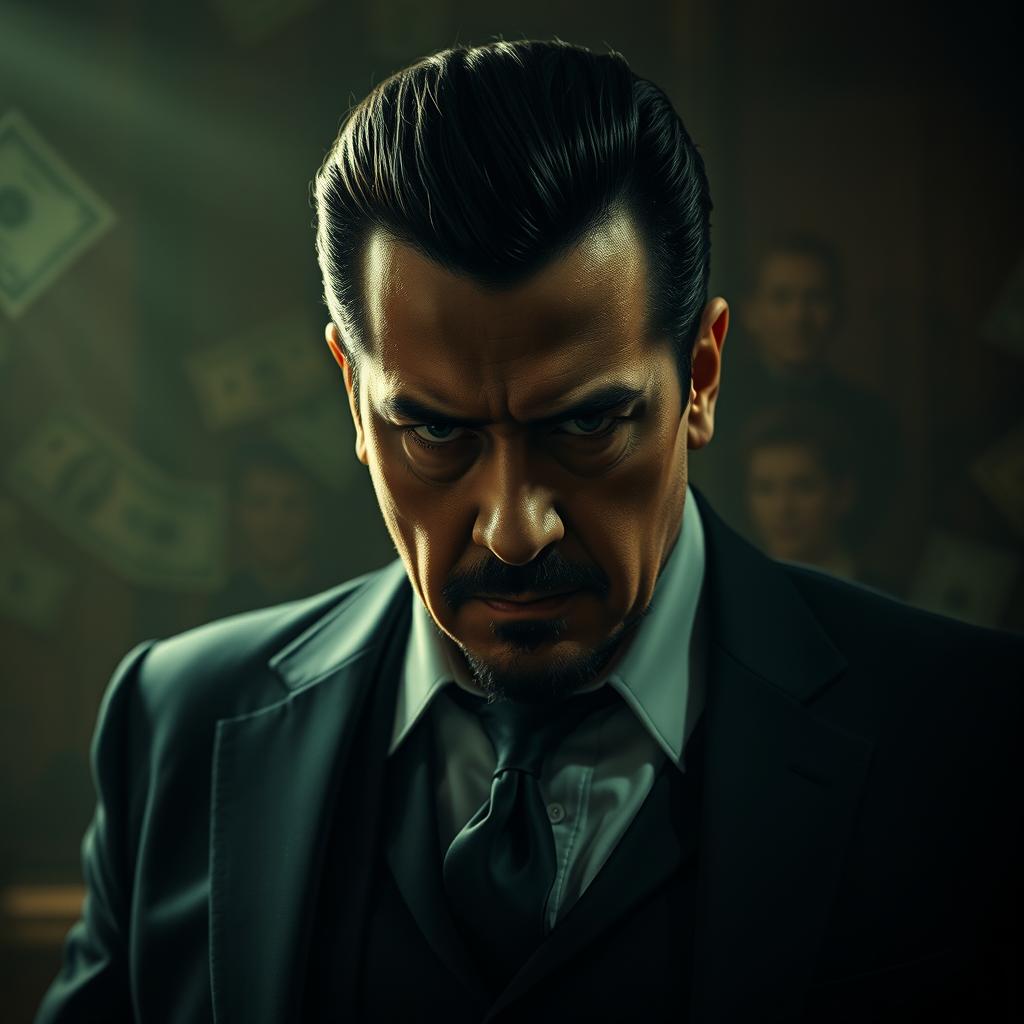 A dramatic, intense portrait of a notorious drug lord, inspired by figures like El Chapo Guzmán