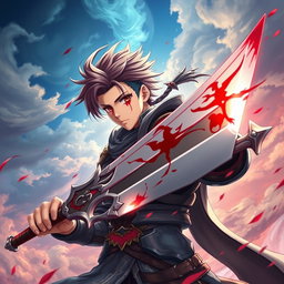An anime-style warrior character inspired by Metin2, brandishing a large sword adorned with striking and beautiful blood details