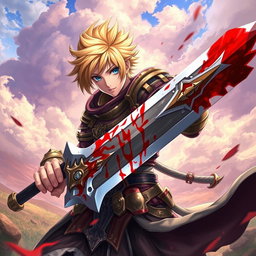 An anime-style warrior character inspired by Metin2, brandishing a large sword adorned with striking and beautiful blood details