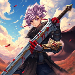 An anime-style warrior character inspired by Metin2, brandishing a large sword adorned with striking and beautiful blood details