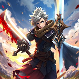 An anime-style warrior character from Metin2, wielding a large sword with striking and beautiful blood details on the blade