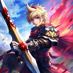 An anime-style warrior character from Metin2, wielding a large sword with striking and beautiful blood details on the blade