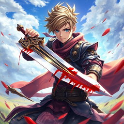 An anime-style warrior character from Metin2, wielding a large sword with striking and beautiful blood details on the blade