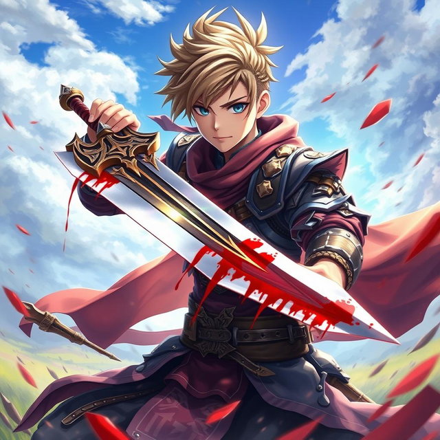 An anime-style warrior character from Metin2, wielding a large sword with striking and beautiful blood details on the blade