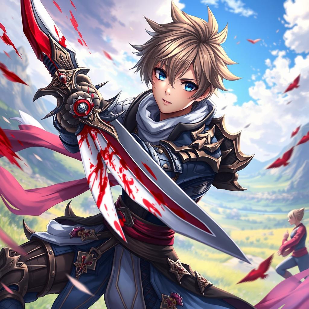 An anime-style warrior character from Metin2, wielding a large sword with striking and beautiful blood details on the blade