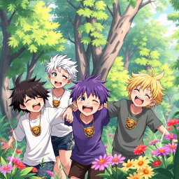 In a colorful anime-inspired forest, five energetic brothers, all eight years old, are joyfully playing together