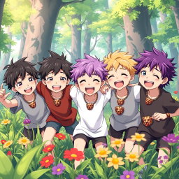 In a colorful anime-inspired forest, five energetic brothers, all eight years old, are joyfully playing together