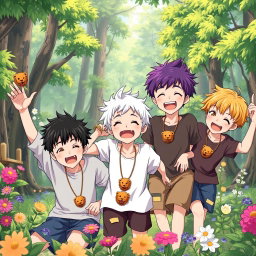 In a colorful anime-inspired forest, five energetic brothers, all eight years old, are joyfully playing together