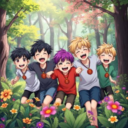 In a colorful anime-inspired forest, five energetic brothers, all eight years old, are joyfully playing together