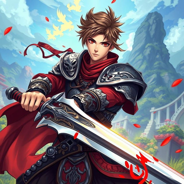 An anime-style warrior character inspired by Metin2, wielding a large sword with beautifully rendered blood details glistening on the blade