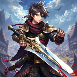 An anime-style warrior character inspired by Metin2, wielding a large sword with beautifully rendered blood glistening on the blade