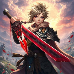 An anime-style warrior character inspired by Metin2, wielding a large sword with beautifully rendered blood glistening on the blade