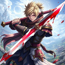 An anime-style warrior character inspired by Metin2, wielding a large sword with beautifully rendered blood glistening on the blade