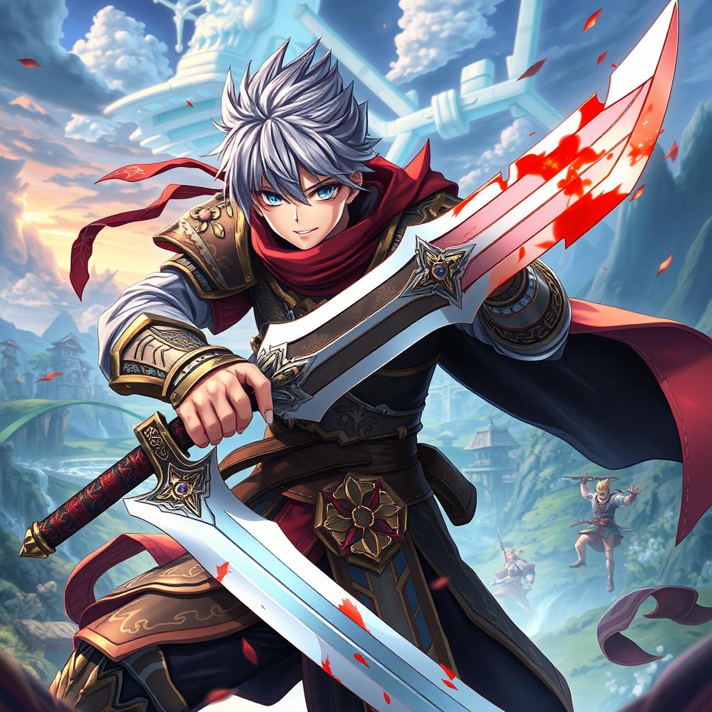 An anime-style warrior character inspired by Metin2, wielding a large sword with beautifully rendered blood glistening on the blade