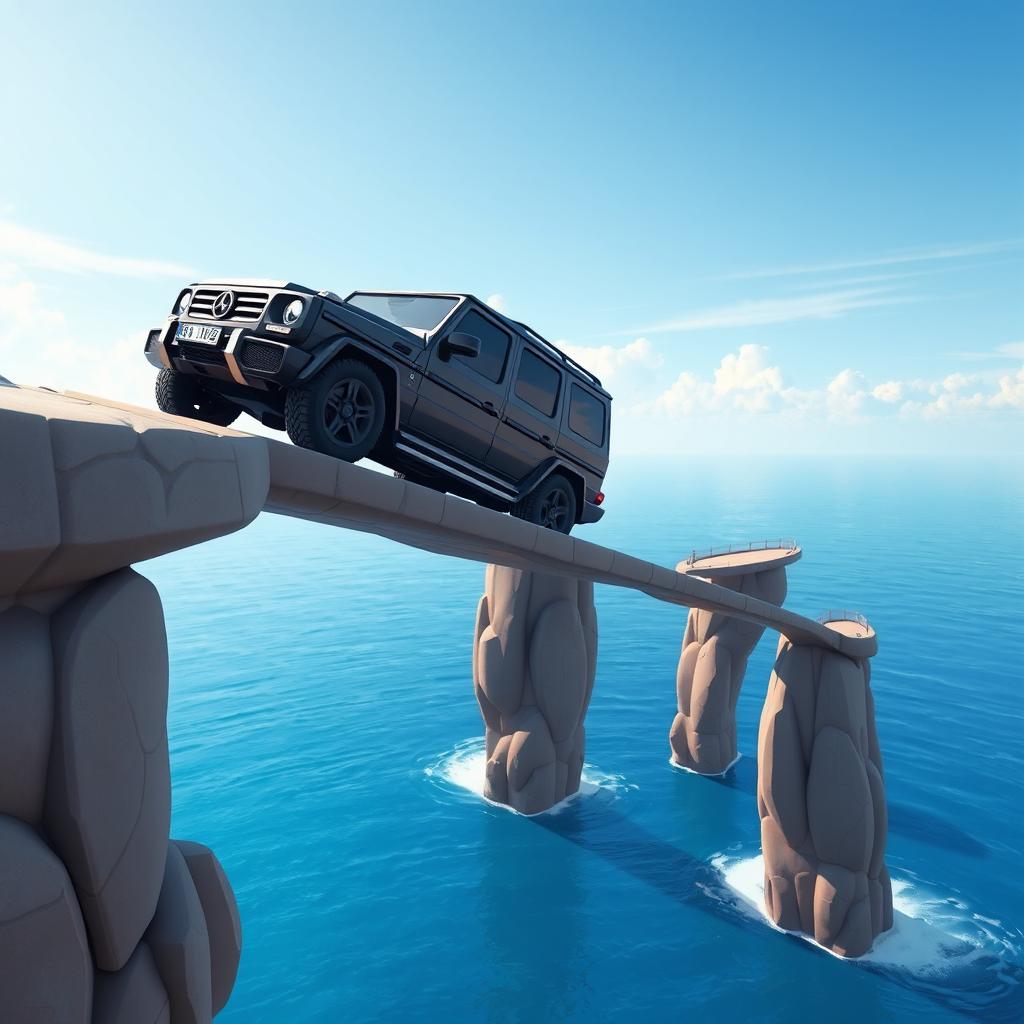 A cartoonish and stylized Black G-Wagon SUV is driving on an adventurous, long flying road made of floating platforms, which are supported by tall pillars above a huge tranquil ocean