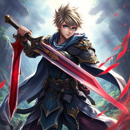 An anime-style Metin2 warrior character, wielding a large sword with beautiful blood details shimmering on the blade