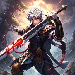 An anime-style Metin2 warrior character, wielding a large sword with beautiful blood details shimmering on the blade
