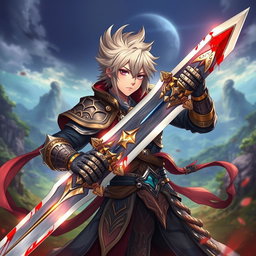 An anime-style Metin2 warrior character, wielding a large sword with beautiful blood details shimmering on the blade