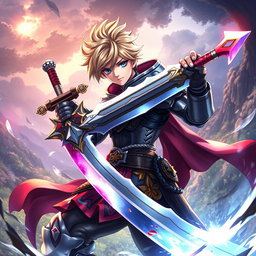 An anime-style Metin2 warrior character, wielding a large sword with beautiful blood details shimmering on the blade