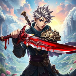 An anime-style warrior character from Metin2, brandishing a large sword with beautifully depicted blood details dripping from the blade