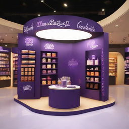 Design a 240x160x150 cm Cadbury stand, merging smart design with Ramadan allure. The stand should display Islamic-inspired shapes, glass panels, soft lighting, and shelves embellished with Ramadan lanterns, representing an innovative and indulgent chocolate experience.