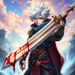 An anime-style warrior character from Metin2, brandishing a large sword with beautifully depicted blood details dripping from the blade