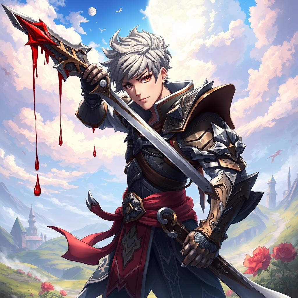 An anime-style warrior character from Metin2, brandishing a large sword with beautifully depicted blood details dripping from the blade