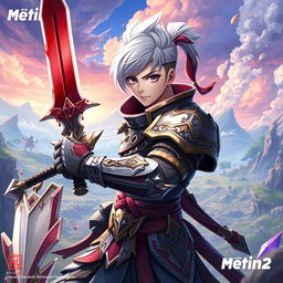 An anime-style warrior character from Metin2, brandishing a large sword with beautifully depicted blood details dripping from the blade