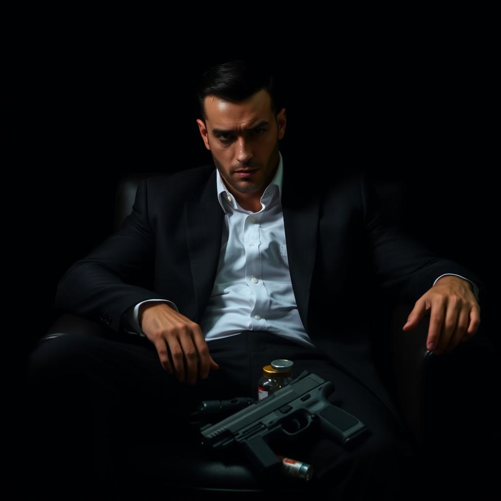 A mysterious man in a black suit sitting casually in a sleek black armchair