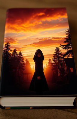 A captivating book cover design featuring a breathtaking sunset casting warm golden and orange hues across a dense, mysterious neighborhood filled with tall, shadowy trees