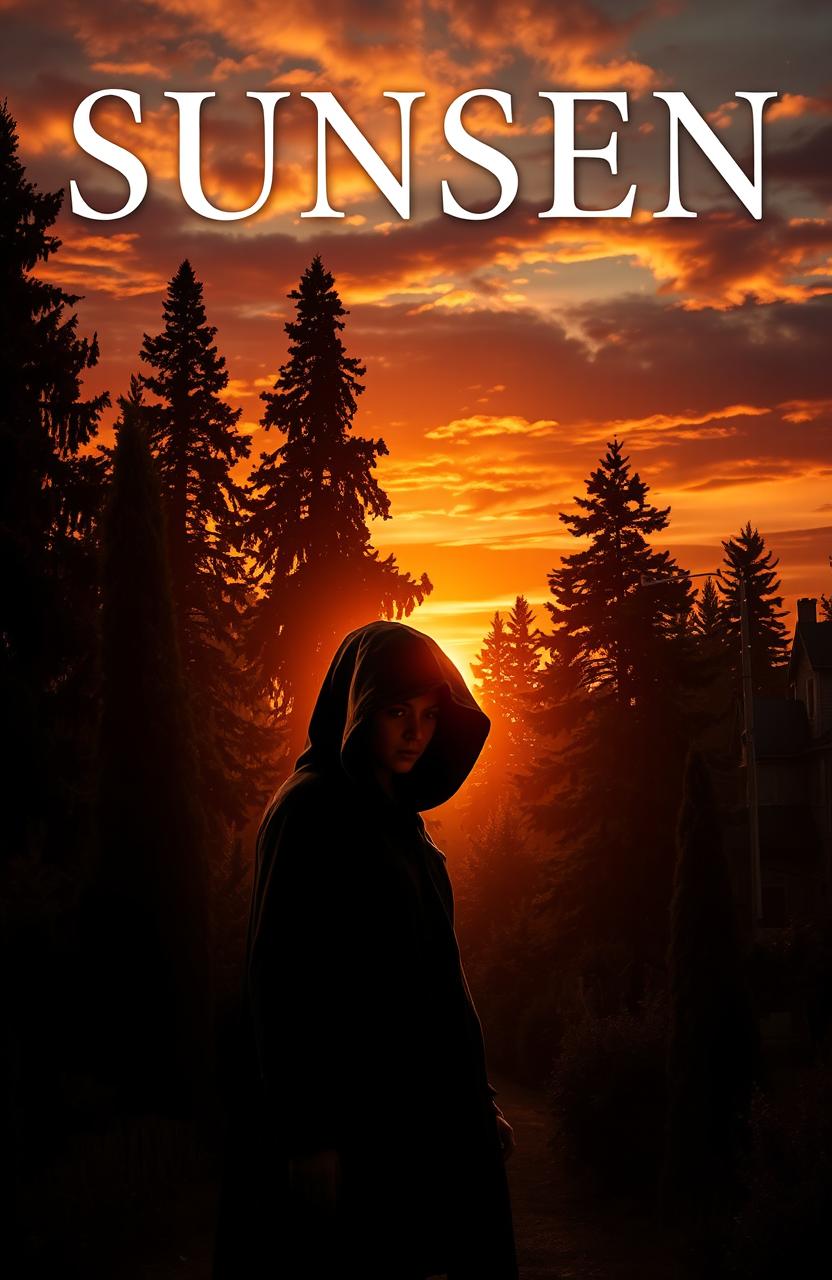 A captivating book cover design featuring a breathtaking sunset casting warm golden and orange hues across a dense, mysterious neighborhood filled with tall, shadowy trees