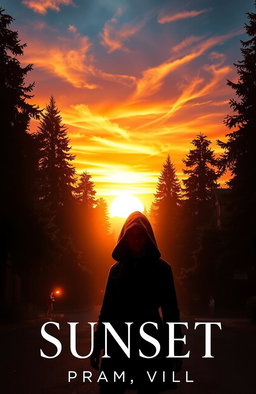 A captivating book cover design featuring a breathtaking sunset casting warm golden and orange hues across a dense, mysterious neighborhood filled with tall, shadowy trees
