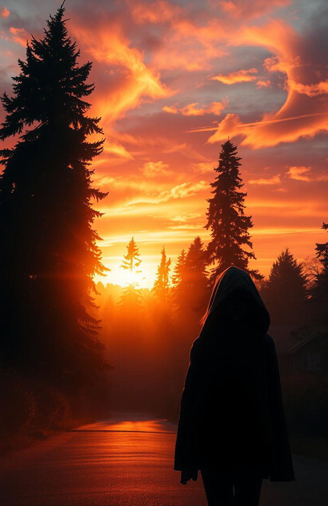 A captivating book cover design featuring a breathtaking sunset casting warm golden and orange hues across a dense, mysterious neighborhood filled with tall, shadowy trees