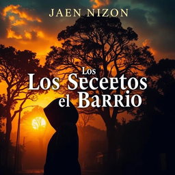 A stunning book cover titled 'Los Secretos del Barrio', showcasing a mesmerizing sunset that bathes a mysterious neighborhood in rich shades of gold and orange