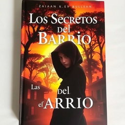 A stunning book cover titled 'Los Secretos del Barrio', showcasing a mesmerizing sunset that bathes a mysterious neighborhood in rich shades of gold and orange