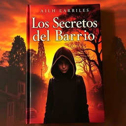 A stunning book cover titled 'Los Secretos del Barrio', showcasing a mesmerizing sunset that bathes a mysterious neighborhood in rich shades of gold and orange