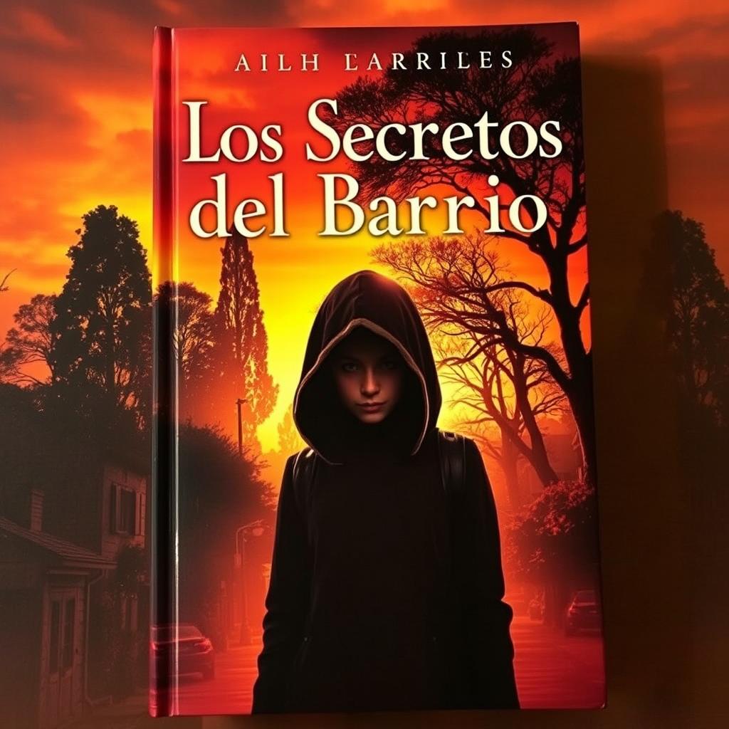 A stunning book cover titled 'Los Secretos del Barrio', showcasing a mesmerizing sunset that bathes a mysterious neighborhood in rich shades of gold and orange