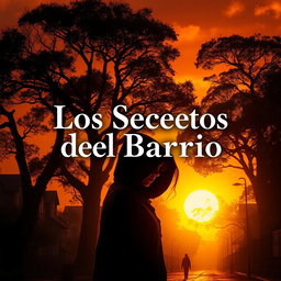 A stunning book cover titled 'Los Secretos del Barrio', showcasing a mesmerizing sunset that bathes a mysterious neighborhood in rich shades of gold and orange