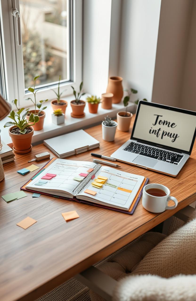 An inspiring and organized workspace featuring a beautiful wooden desk with a planner open to a detailed daily schedule